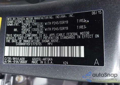 2015 Toyota Highlander Limited Platinum V6 z USA, uszkodzony, nr VIN 5TDDKRFH5FS179705